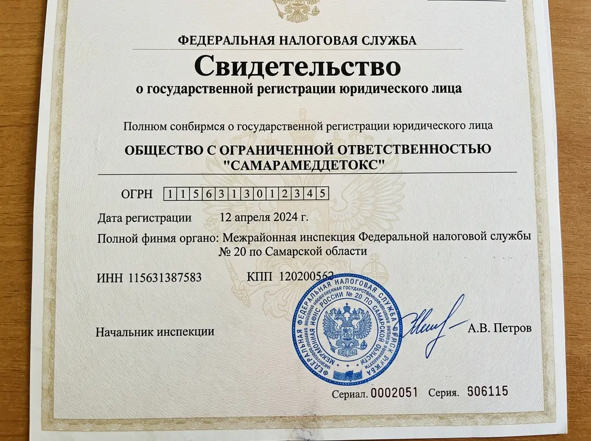 Свидетельство о государственной регистрации юридического лица ООО СамараМедДетокс, официальный документ с печатью налоговой инспекции
