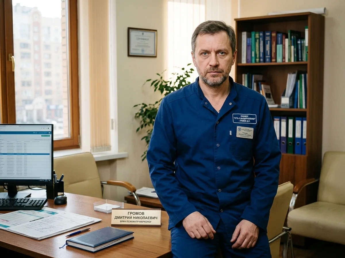 Громов Дмитрий Николаевич — врач психиатр-нарколог клиники, мужчина средних лет в медицинском костюме, строгое профессиональное выражение